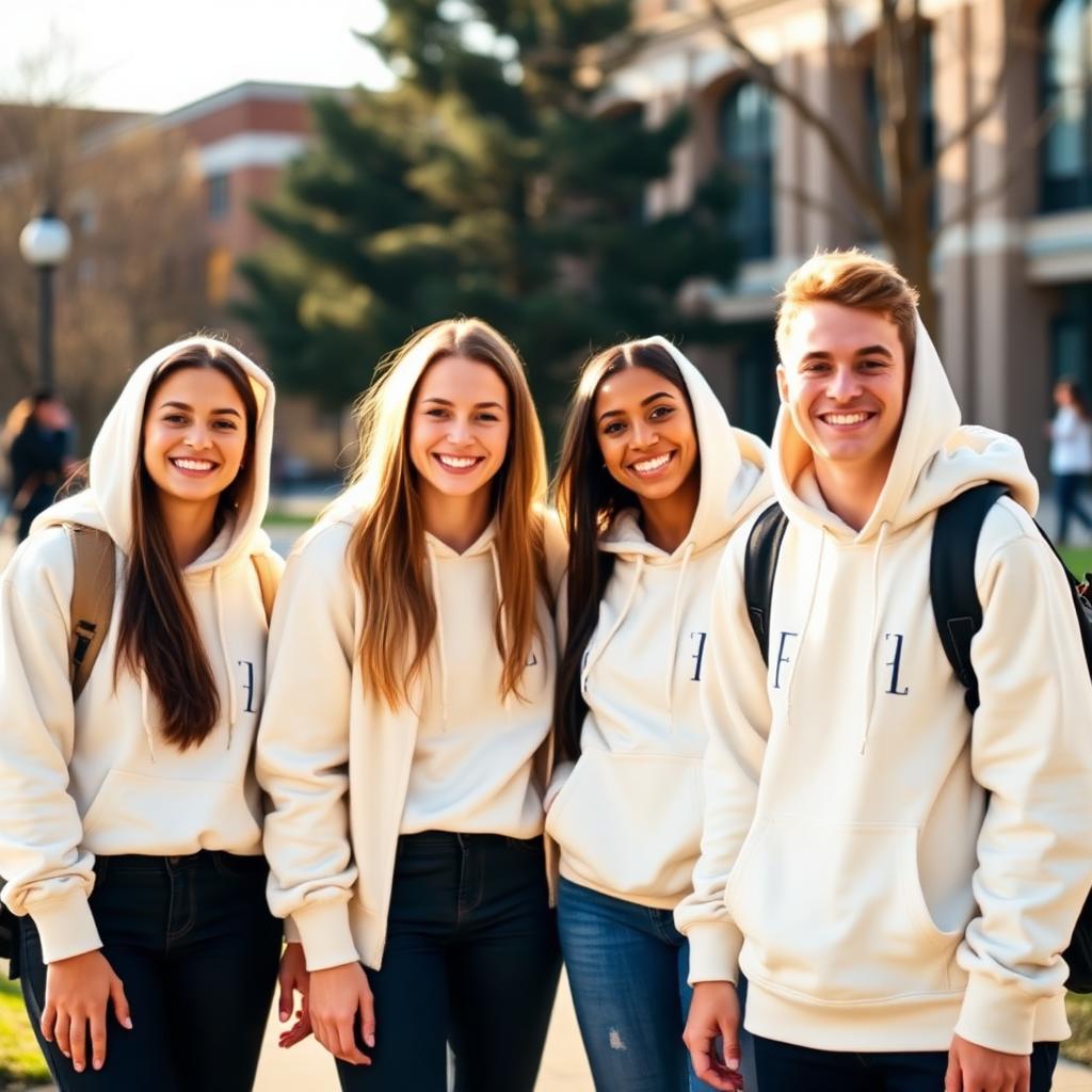 Amigos universitarios con sudaderas color crema
