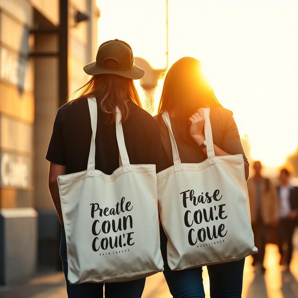 Amigas con tote bags personalizadas al atardecer